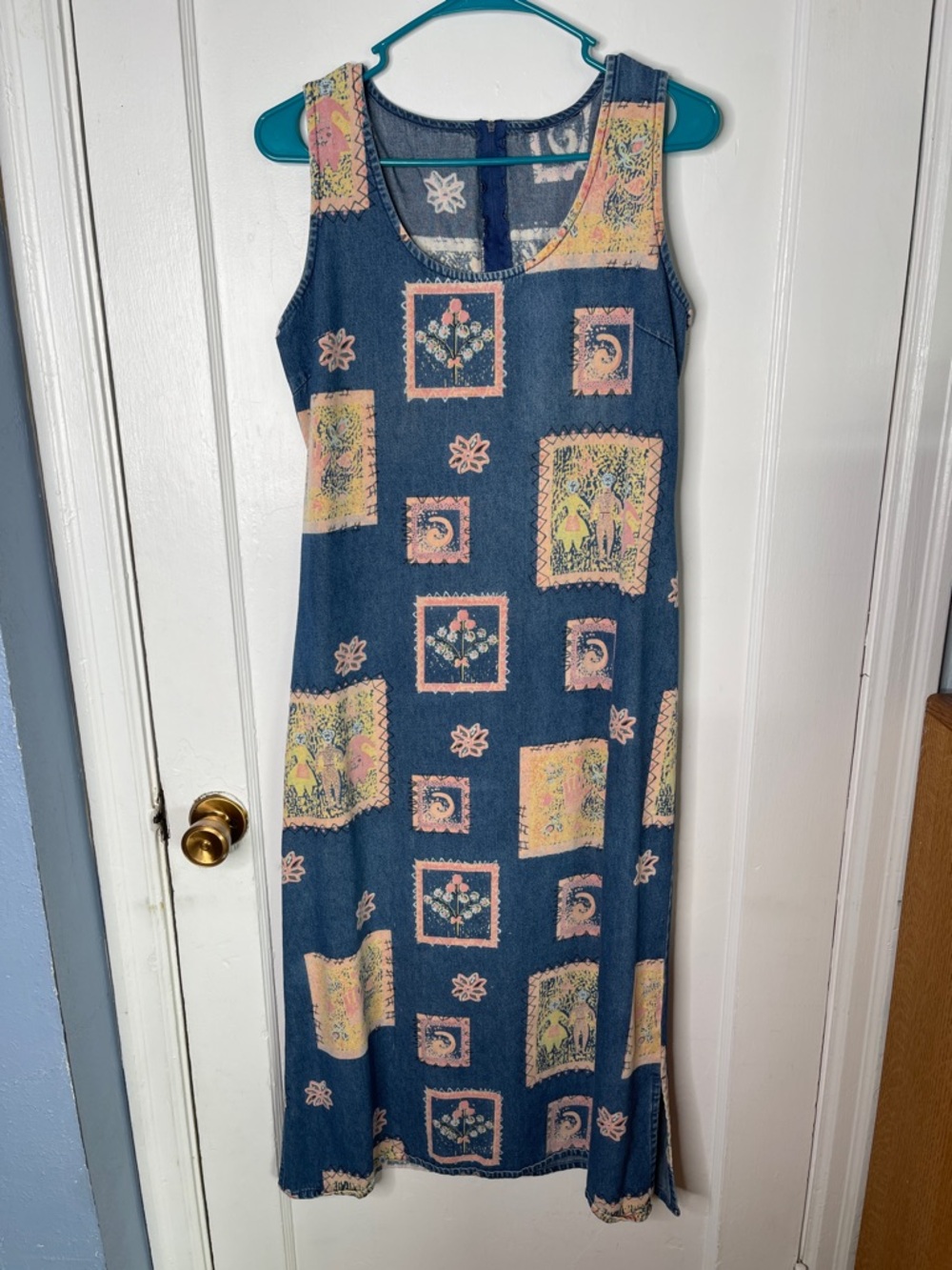 Vintage 90s Denim Dress Patchwork Postage Stamp Print Sleeveless Maxi M L